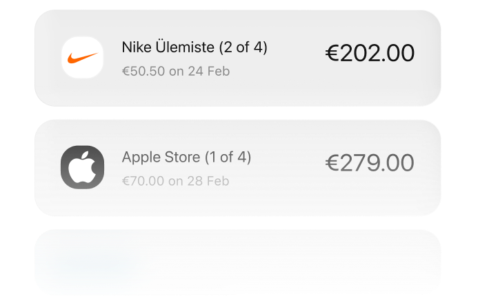 Preview of upcoming purchases split into payments, including a Nike and an Apple Store transaction