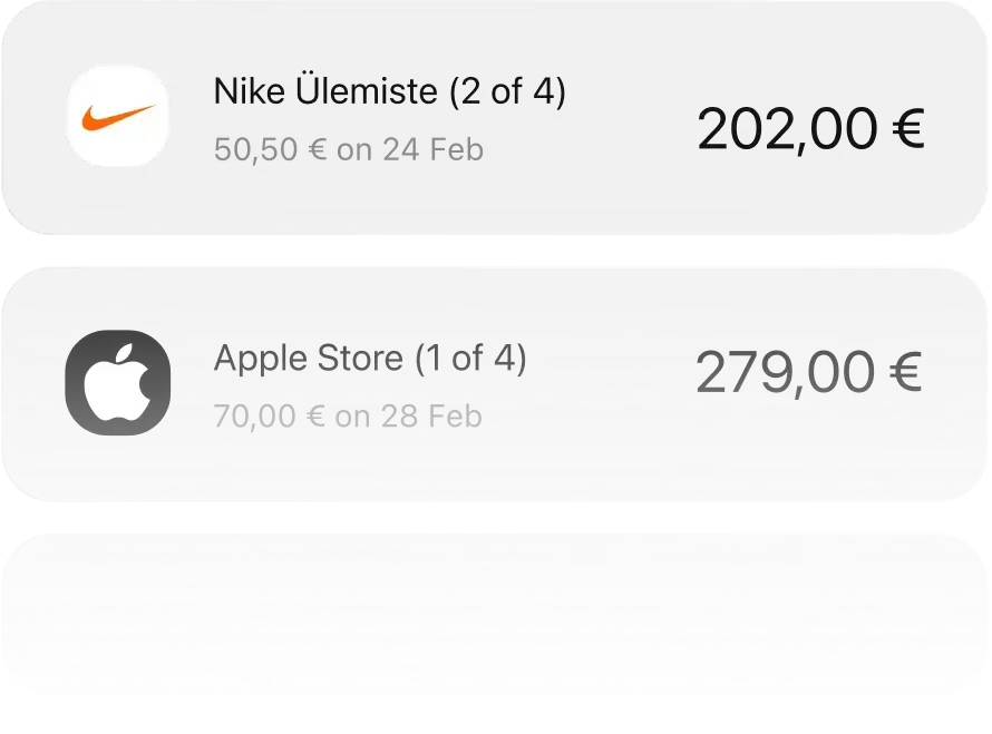 Preview of upcoming purchases split into payments, including a Nike and an Apple Store transaction
