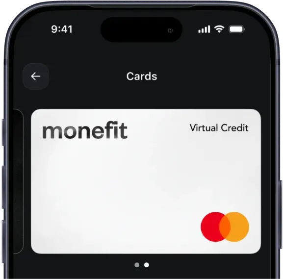 Smartphone showing a Monefit virtual card in the wallet app