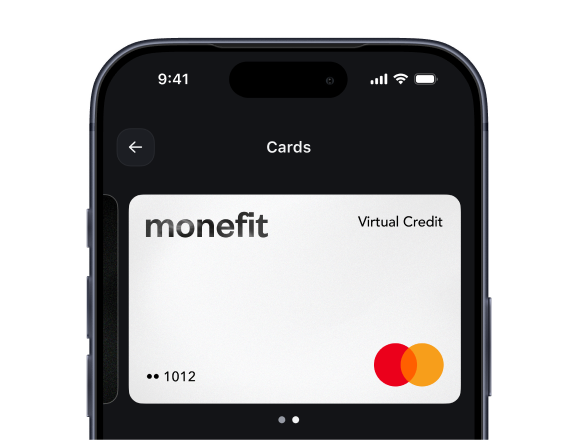 Smartphone showing a Monefit virtual card in the wallet app